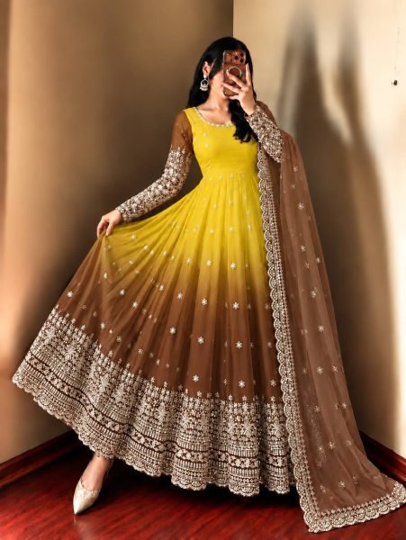 Magnetic Yellow Georgette Gown with 3.5 Meter Flair and Sequin Dupatta at Wholesale  Ready To Wear Collection
