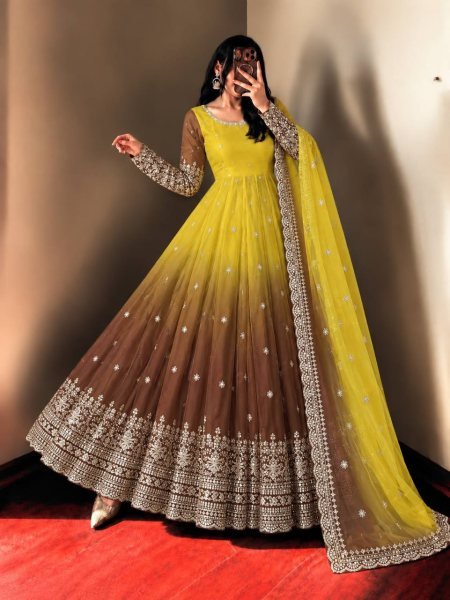 Magnetic Yellow Georgette Gown with 3.5 Meter Flair and Sequin Dupatta at Wholesale  Ready To Wear Collection