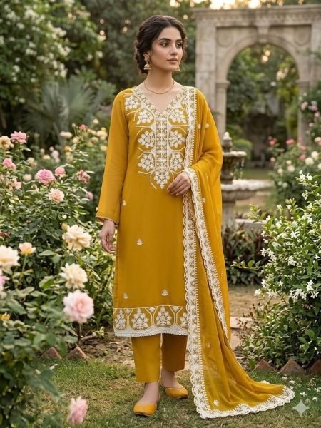 Magnetic Yellow Georgette Multi Aari Work Suit with Embroidered Dupatta For Festival 
