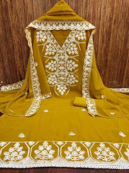 Magnetic Yellow Georgette Multi Aari Work Suit with Embroidered Dupatta For Festival Color Set Matching Dress Material Wholesale