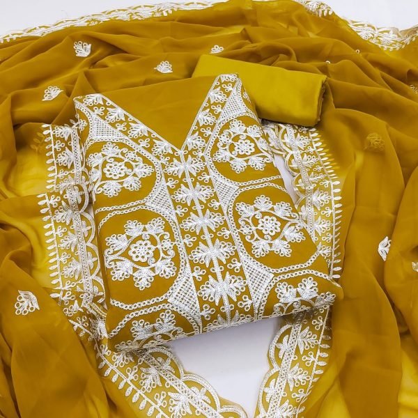 Magnetic Yellow Georgette Multi Aari Work Suit with Embroidered Dupatta For Festival Color Set Matching Dress Material Wholesale