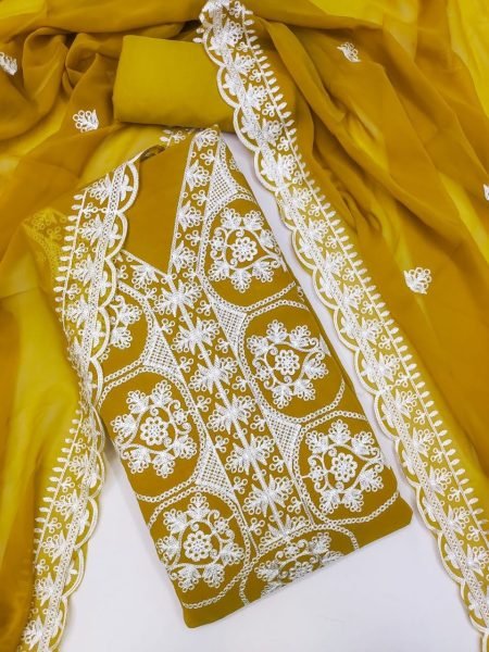 Magnetic Yellow Georgette Multi Aari Work Suit with Embroidered Dupatta For Festival Color Set Matching Dress Material Wholesale