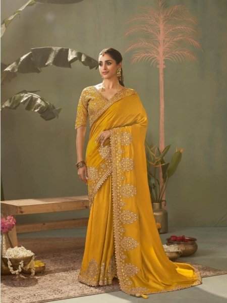 Magnetic Yellow Kira Kasva Silk Saree with Intricate Gota Patti Embroidery Work Sarees 