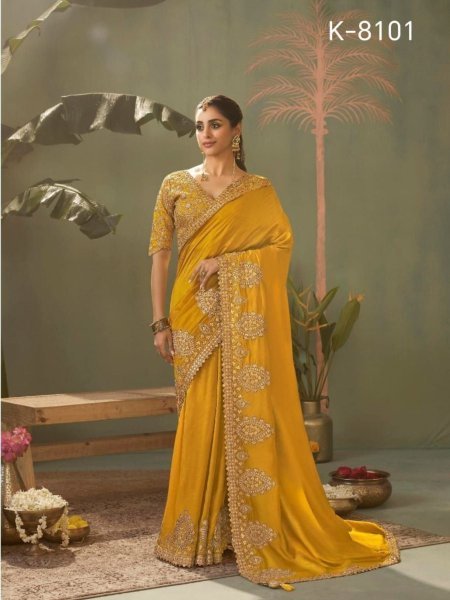 Magnetic Yellow Kira Kasva Silk Saree with Intricate Gota Patti Embroidery Work Silk Sarees Wholesale
