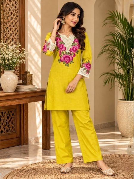 Magnetic Yellow Party Wear Rayon Slub Embroidered Co Ord Set For Daily Wear Kurtis