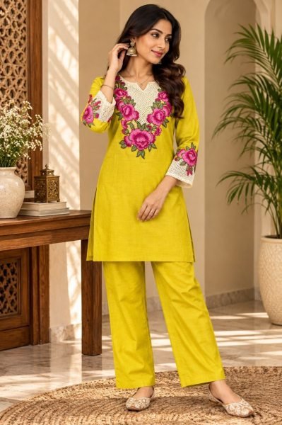 Magnetic Yellow Party Wear Rayon Slub Embroidered Co Ord Set For Daily Wear CO ORD Sets