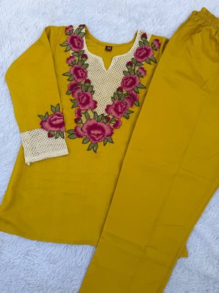 Magnetic Yellow Party Wear Rayon Slub Embroidered Co Ord Set For Daily Wear CO ORD Sets
