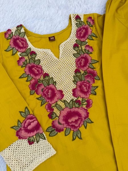 Magnetic Yellow Party Wear Rayon Slub Embroidered Co Ord Set For Daily Wear CO ORD Sets