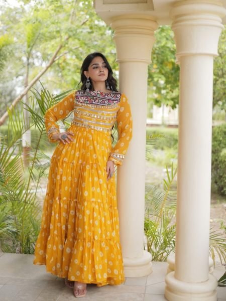 Magnetic Yellow Stylish Faux Georgette Bandhani Gown with Full Cotton Lining 