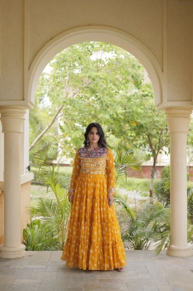 Magnetic Yellow Stylish Faux Georgette Bandhani Gown with Full Cotton Lining Anarkali Kurtis 