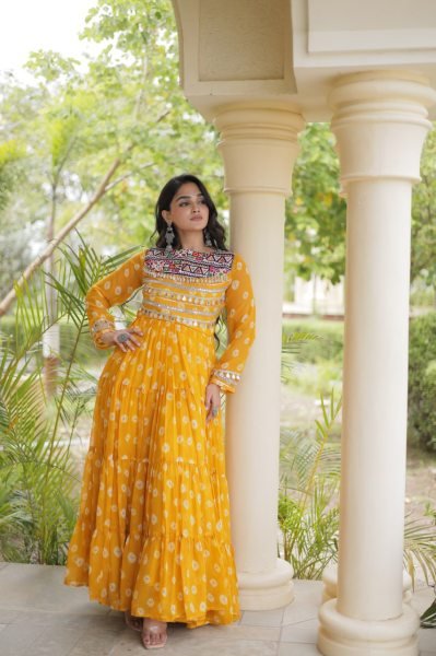 Magnetic Yellow Stylish Faux Georgette Bandhani Gown with Full Cotton Lining Anarkali Kurtis 