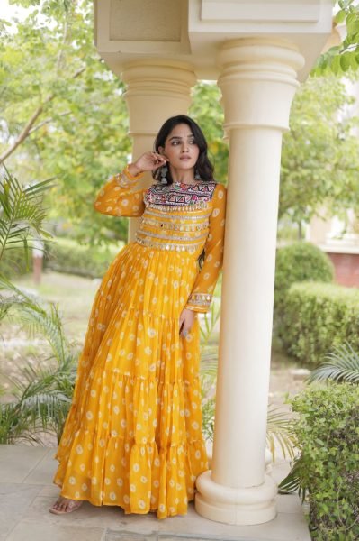 Magnetic Yellow Stylish Faux Georgette Bandhani Gown with Full Cotton Lining Anarkali Kurtis 