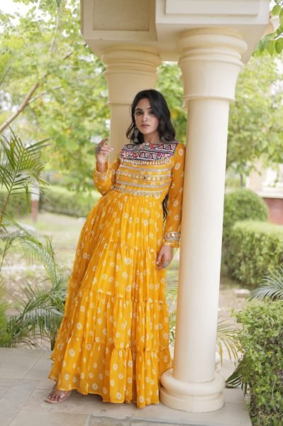 Magnetic Yellow Stylish Faux Georgette Bandhani Gown with Full Cotton Lining Anarkali Kurtis 