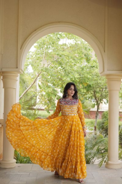 Magnetic Yellow Stylish Faux Georgette Bandhani Gown with Full Cotton Lining Anarkali Kurtis 