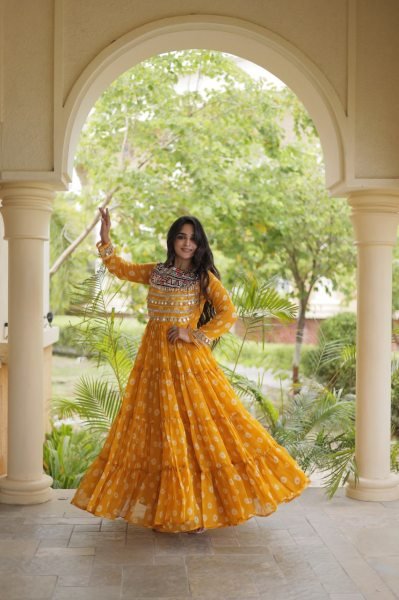 Magnetic Yellow Stylish Faux Georgette Bandhani Gown with Full Cotton Lining Anarkali Kurtis 