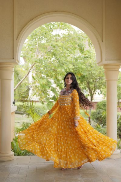 Magnetic Yellow Stylish Faux Georgette Bandhani Gown with Full Cotton Lining Anarkali Kurtis 