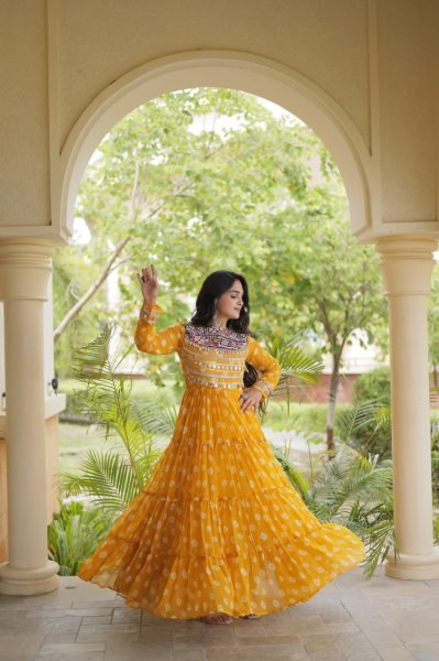Magnetic Yellow Stylish Faux Georgette Bandhani Gown with Full Cotton Lining Anarkali Kurtis 