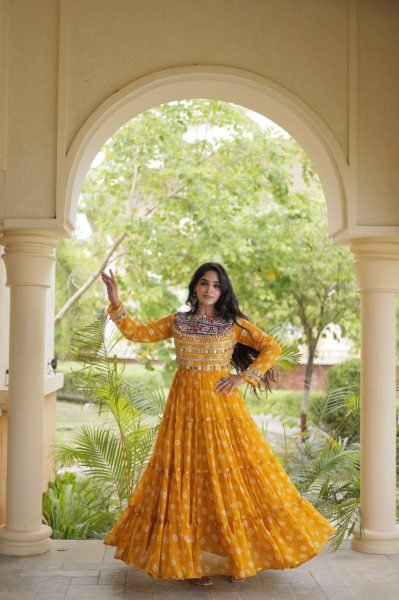 Magnetic Yellow Stylish Faux Georgette Bandhani Gown with Full Cotton Lining Anarkali Kurtis 