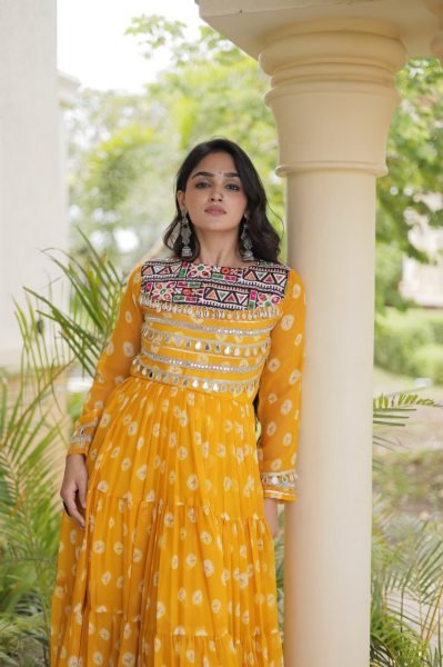 Magnetic Yellow Stylish Faux Georgette Bandhani Gown with Full Cotton Lining Anarkali Kurtis 