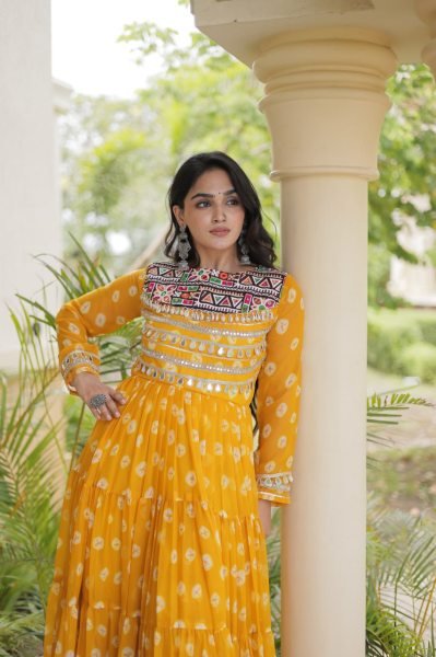 Magnetic Yellow Stylish Faux Georgette Bandhani Gown with Full Cotton Lining Anarkali Kurtis 