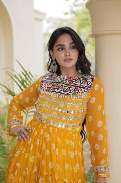 Magnetic Yellow Stylish Faux Georgette Bandhani Gown with Full Cotton Lining Anarkali Kurtis 