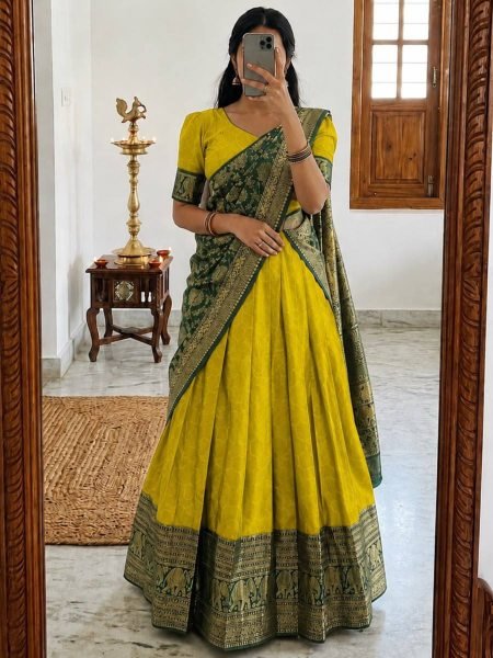 Magnetic Yellow Wedding Wear Heavy Lichi Silk Lehenga Choli with Banarasi Woven Dupatta 