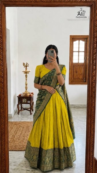 Magnetic Yellow Wedding Wear Heavy Lichi Silk Lehenga Choli with Banarasi Woven Dupatta Half Saree Lehenga