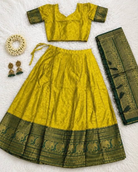 Magnetic Yellow Wedding Wear Heavy Lichi Silk Lehenga Choli with Banarasi Woven Dupatta Half Saree Lehenga