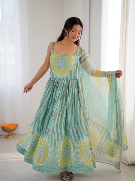 Magnificent Fox Georgette Leheriya Printed Gown with Organza Dupatta for Designer Wear Kurtis