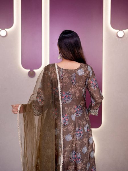 Magnificent Mehendi Green Satin Digital Print Anarkali Salwar Suit with Net Dupatta for Party Wear Anarkali Kurtis 