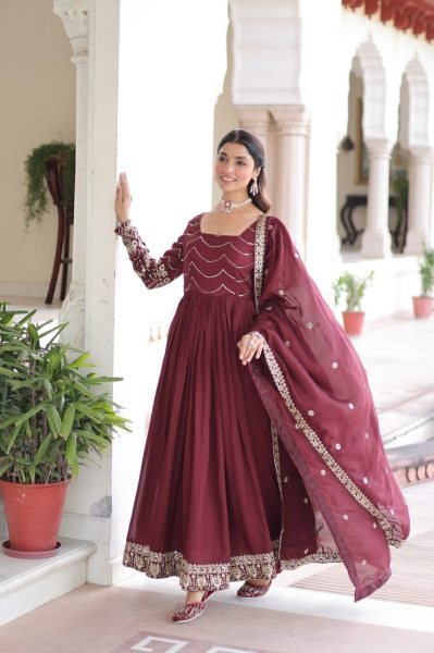 Magnificent Red Vichitra Silk Gown with Heavy Sequins Work   Square Neck Design at Manufacturer Rate Anarkali Kurtis 