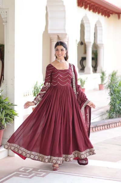 Magnificent Red Vichitra Silk Gown with Heavy Sequins Work   Square Neck Design at Manufacturer Rate Anarkali Kurtis 