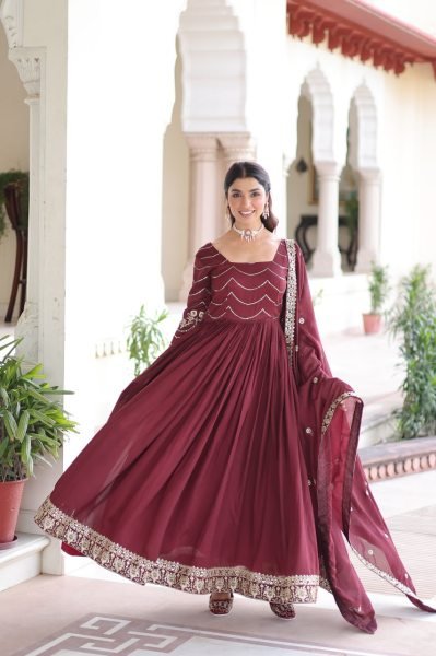 Magnificent Red Vichitra Silk Gown with Heavy Sequins Work   Square Neck Design at Manufacturer Rate Anarkali Kurtis 