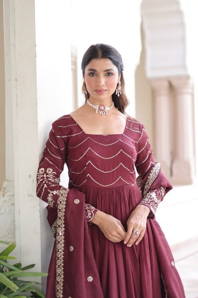 Magnificent Red Vichitra Silk Gown with Heavy Sequins Work   Square Neck Design at Manufacturer Rate Anarkali Kurtis 