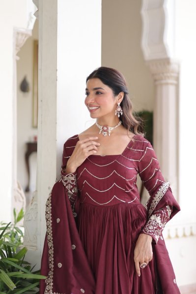 Magnificent Red Vichitra Silk Gown with Heavy Sequins Work   Square Neck Design at Manufacturer Rate Anarkali Kurtis 