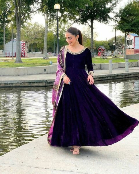Magnificent Velvet Embroidered Long Gown With Sequins Work   Designer Dupatta Perfect for Winter Party Wear  Kurti With Dupatta Wholesale