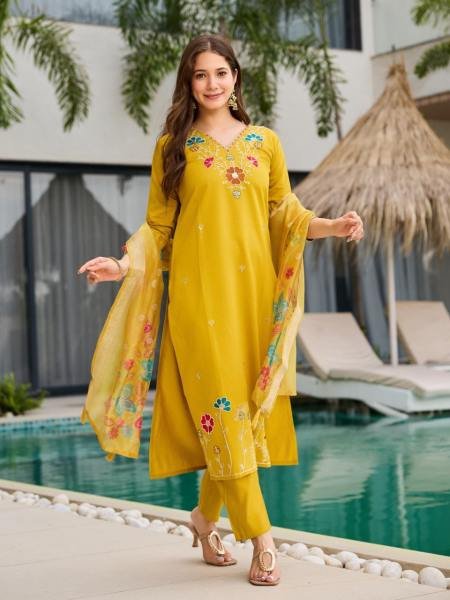 Magnificent Yellow Viscose Gadhwal Embroidered Suit Set with Dyable Bottom And Printed Dupatta  3 Piece Kurti Set