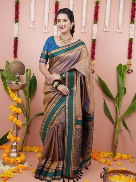 Maharashtra Style Cream Soft Silk Saree with Dual Zari Motifs and Designer Border South Indian Saree 