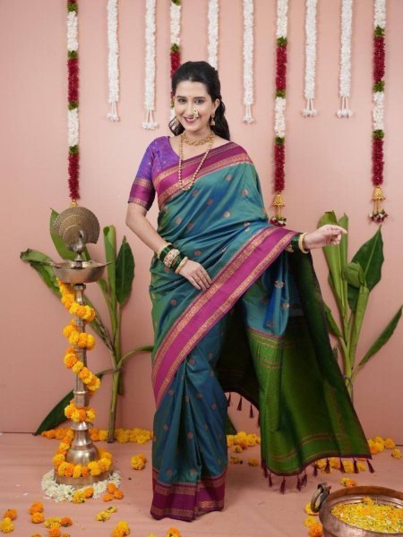 Maharashtra Style Green Soft Silk Saree with Dual Zari Motifs and Designer Border South Indian Saree 