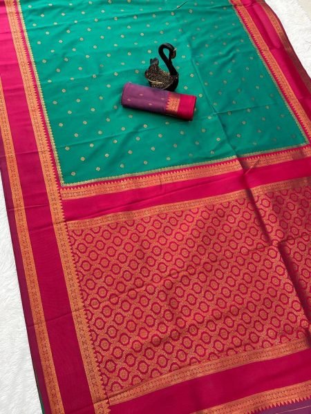 Maharashtra Style Green Soft Silk Saree with Dual Zari Motifs and Designer Border South Indian Saree 