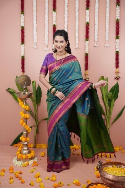 Maharashtra Style Green Soft Silk Saree with Dual Zari Motifs and Designer Border South Indian Saree 