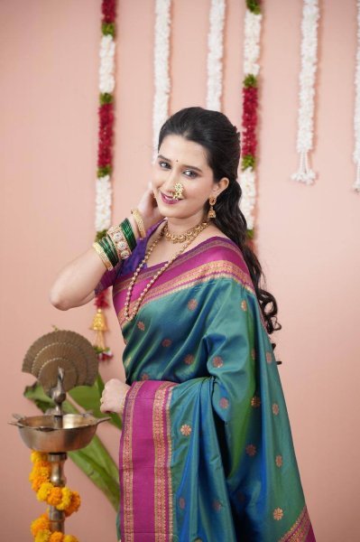 Maharashtra Style Green Soft Silk Saree with Dual Zari Motifs and Designer Border South Indian Saree 