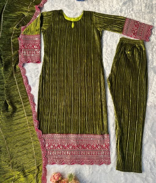 Mahendi Crash Viscose Velvet Embroidery Work Salwar Suit Ready To Wear Collection