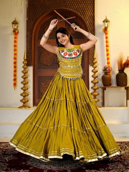 Mahendi Green 9 Meter Flare Pure Cotton Lehenga with Gamathi Mirror Work at Manufacturer Rate 