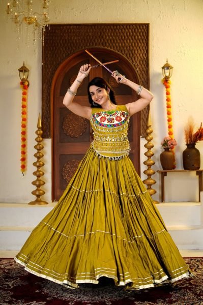 Mahendi Green 9 Meter Flare Pure Cotton Lehenga with Gamathi Mirror Work at Manufacturer Rate Navratri Lehnega Choli