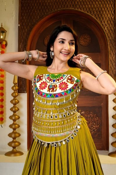 Mahendi Green 9 Meter Flare Pure Cotton Lehenga with Gamathi Mirror Work at Manufacturer Rate Navratri Lehnega Choli