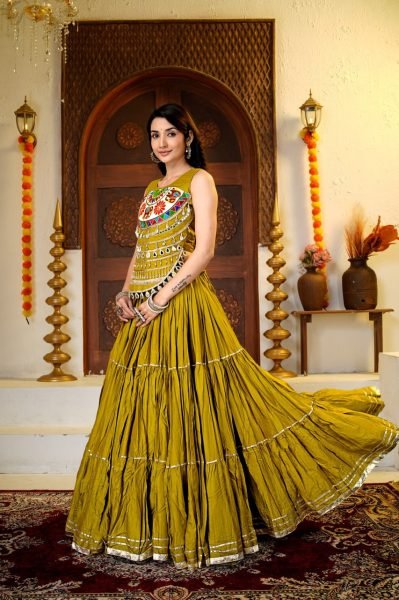 Mahendi Green 9 Meter Flare Pure Cotton Lehenga with Gamathi Mirror Work at Manufacturer Rate Navratri Lehnega Choli