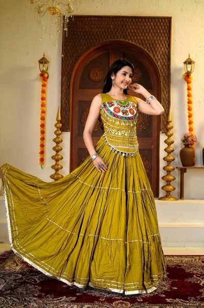 Mahendi Green 9 Meter Flare Pure Cotton Lehenga with Gamathi Mirror Work at Manufacturer Rate Navratri Lehnega Choli