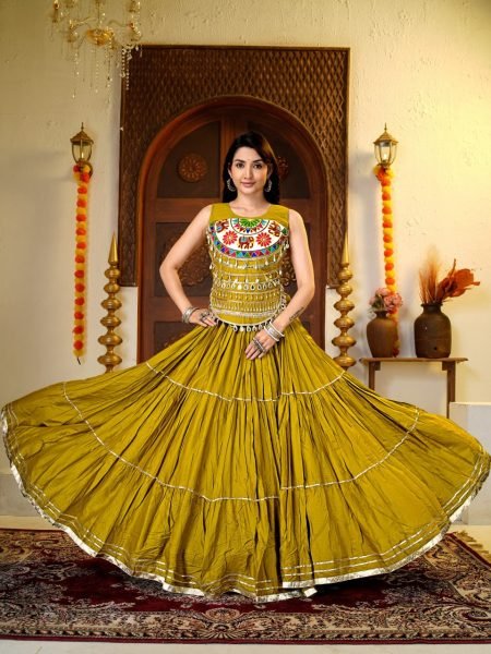 Mahendi Green 9 Meter Flare Pure Cotton Lehenga with Gamathi Mirror Work at Manufacturer Rate Navratri Lehnega Choli