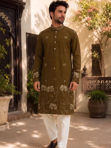 Mahendi Green Armaani Lachko Men s Kurta Pajama Set with Heavy Embroidery 